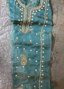 Elegant Teal Embroidered suit fabric