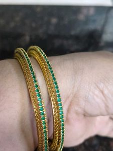 Elegant Gold Plated Bangles with Green Stones