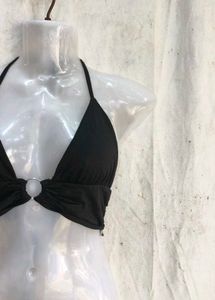 Chic Black Halter Neck Ring Detail Bikini Top