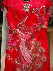 Red Chinese Style Dress with Peacock