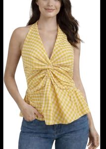 Yellow Gingham Twist Halter Top