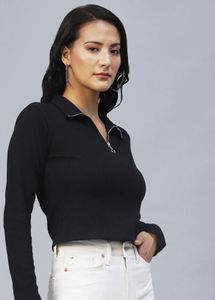 Black Ribbed Zip Neck Long Sleeve Top