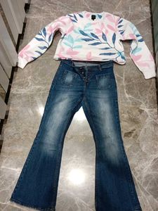 Floral Print Cropped Sweatshirt & Bell Bottom Jean