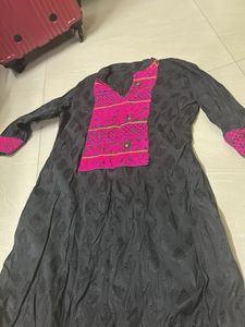 Elegant Black Kurta with Pink Embroidery