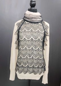 Elegant Lace Overlay Turtleneck Sweater