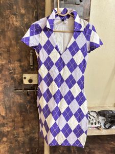 Purple & White Argyle V-Neck Top
