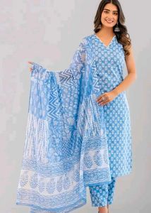 Blue Floral Print Kurta Set with Dupatta