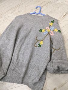 Floral Embroidered Grey Knit Sweater
