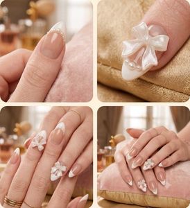 Elegant French Tip Nails with 3D-Bows 24 pcs