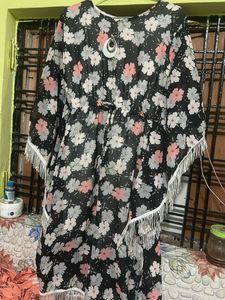 Black Floral Print Gown with Tassels