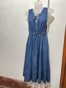 Denim Midi Dress with Tie Neck