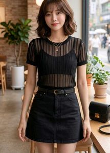 Chic Black Sheer Stripe Knit Top