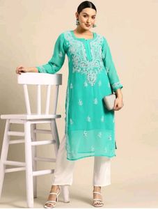 Elegant Teal Chikankari Kurta Set