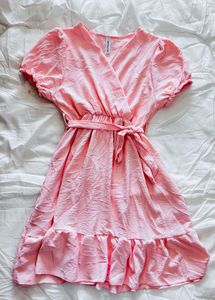 Pink Wrap Dress with Ruffle Hem