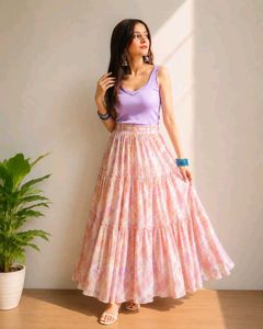 Boho Tiered Maxi Skirt - Pink Floral Print