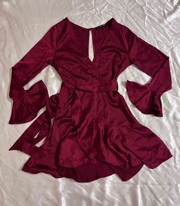 Shein Wine Satin Ruffle Wrap Party Dress