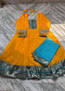 Vibrant Yellow Kurta Set with Blue Dupatta