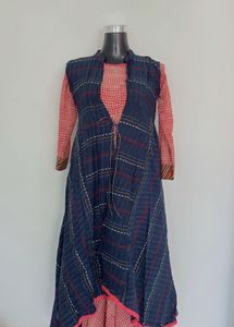 Stylish Blue Plaid shrug with kurta - two set
