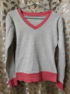 Gray V-Neck Sweatshirt with Pink Trim