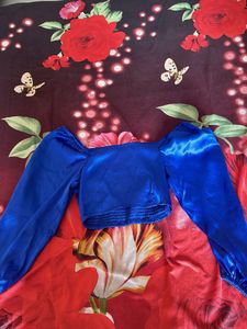 Blue Satin Puff Sleeve Crop Top
