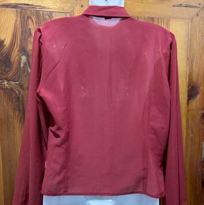 Chic Red Smocked Button-Up Shirt