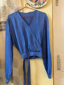 Blue Wrap V-Neck Long Sleeve Top