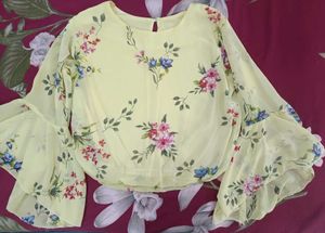 Yellow Floral Bell Sleeve Crop Top