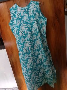 Teal Floral Print Sleeveless Kurta
