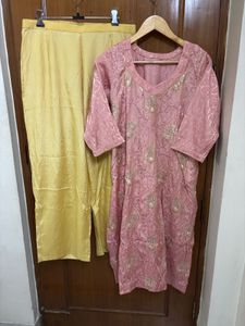 Pink Embroidered Kurta Set with Yellow Palazzo