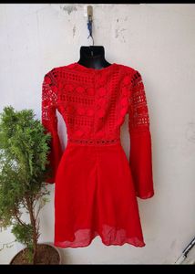Red Lace Bell Sleeve Mini Dress