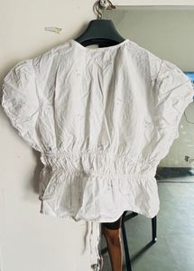 Embroidered V-Neck Cinched Waist Top