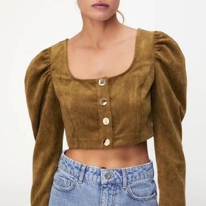 Brown Corduroy Puff Sleeve Crop Top