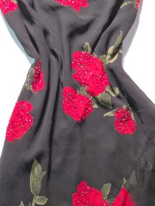 Eva Blue Y2K Beaded Black Rose Print Dress