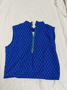 Blue Textured Zip-Up Sleeveless Top
