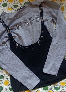 Grey Long Sleeve Top with Black Embellished Camiso