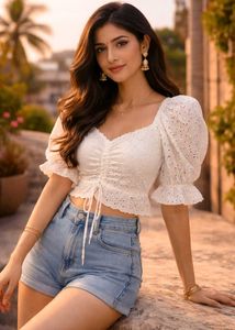 Eyelet Puff Sleeve Crop Top
