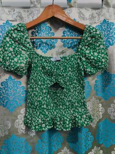 Bershka Green Floral Smocked Crop Top