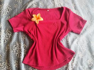 Cute Pink Ribbed Square Neck Top