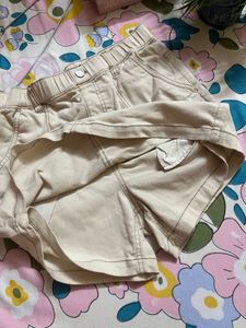 High-Waisted Cotton Denim Skort in Beige/Khaki