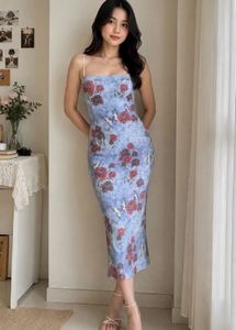 Blue Floral Print Slip Dress
