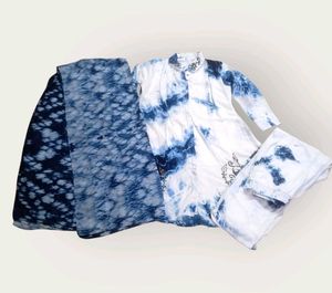 blue and white shibori tie-dye kurta Pant With 🧣
