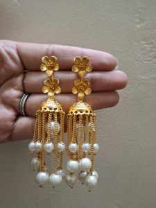 Golden Jhumka Earrings with Pearls