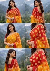 Charming Red & Yellow Polka Dot Saree