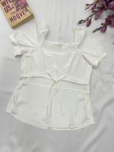 Chic White Puff Sleeve top,front slit