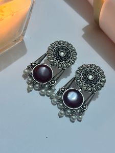 Ethnic Oxidized Silver Earrings with Maroon Stones
