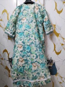 Floral Print Kurta with White Lace Trim