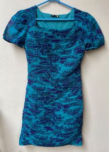 Blue Tropical Print Short Sleeve Dress
