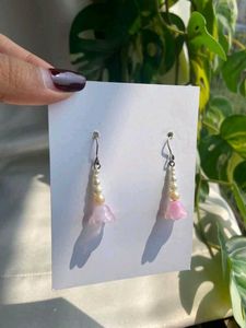 Cute Pink Flower Pearl Dangle Earrings