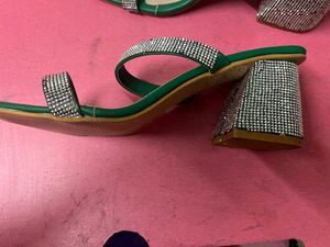Green Rhinestone Block Heel Sandals Combo Of 3