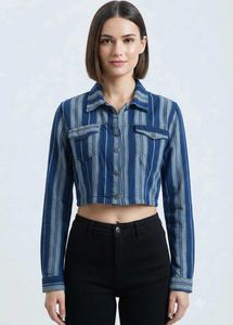 Striped Cropped Denim Jacket